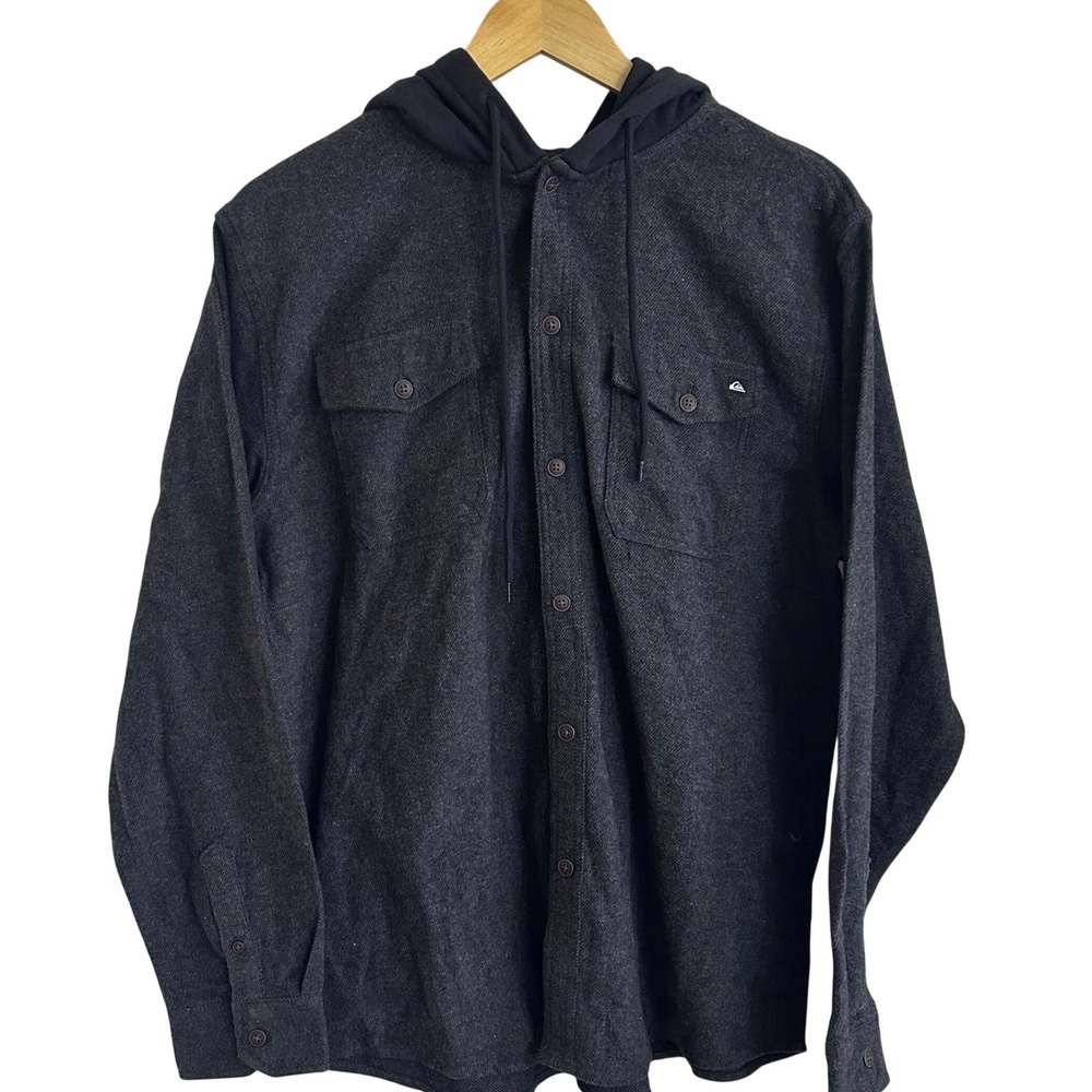 Quiksilver Mens Hooded Flannel Shirt Jacket Charcoal Grey Button Up Hoodie Sz M‎